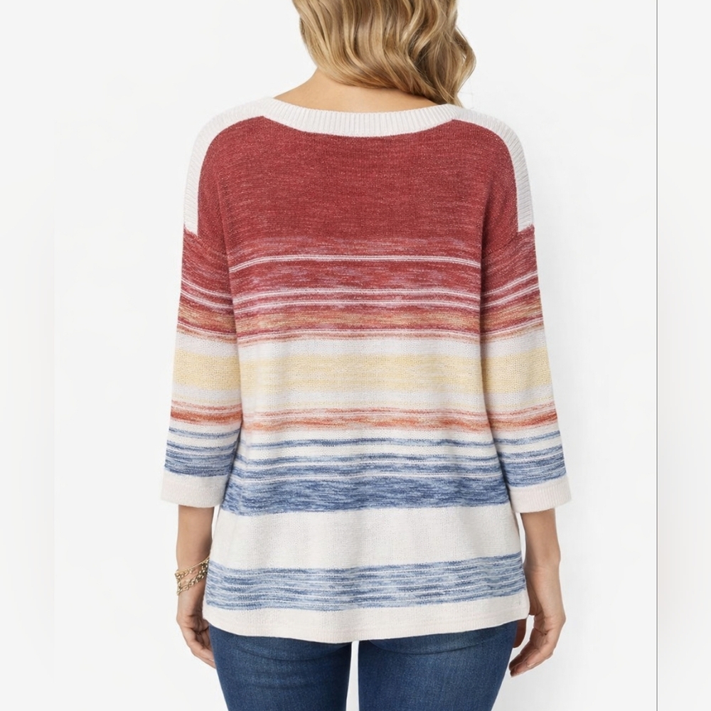 Brittany Black Boatneck Cotton Sweater Large Striped 3/4 Sleeve Coastal Cottage - Picture 2 of 9